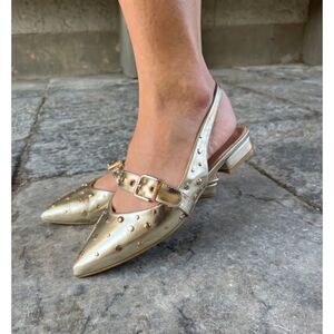 Diba Ballerina Shoe Women 8M Studded Golden Pointed Toe Buckle Strap Ballet Flat